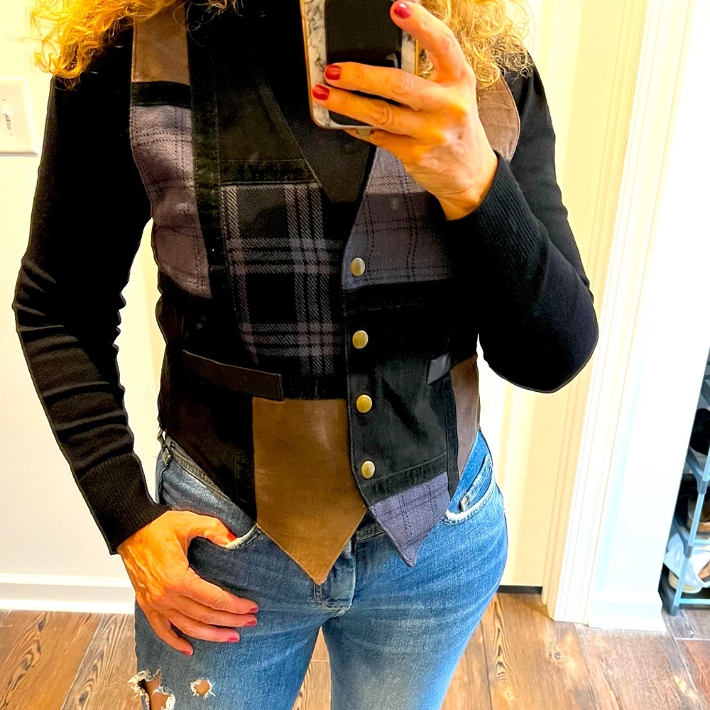 Vintage suede plaid wool suede patchwork vest 

size small
